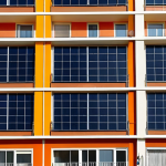 **Image of a modern apartment building facade in Valencia, Spain, with solar panels visible on the roof. Focus on the architectural details and vibrant Mediterranean colors. The scene should convey energy efficiency and sustainability.**