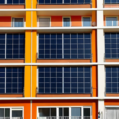 Home 4 **Image of a modern apartment building facade in Valencia, Spain, with solar panels visible on the roof. Focus on the architectural details and vibrant Mediterranean colors. The scene should convey energy efficiency and sustainability.**
