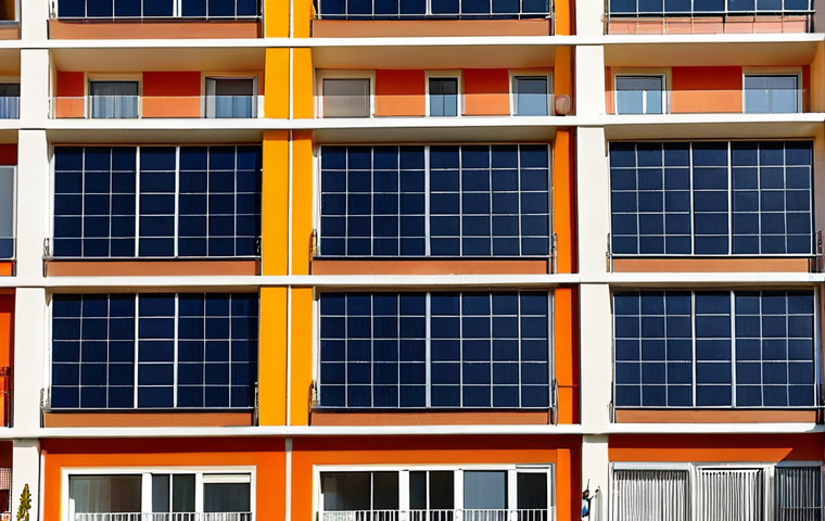 **Image of a modern apartment building facade in Valencia, Spain, with solar panels visible on the roof. Focus on the architectural details and vibrant Mediterranean colors. The scene should convey energy efficiency and sustainability.**